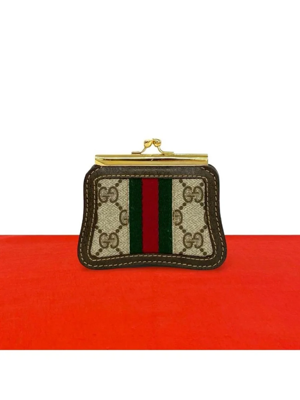 Gucci Vintage Sherry Line GG Logo Pattern Leather Kiss Lock Coin Purse Case - Picture 1 of 7